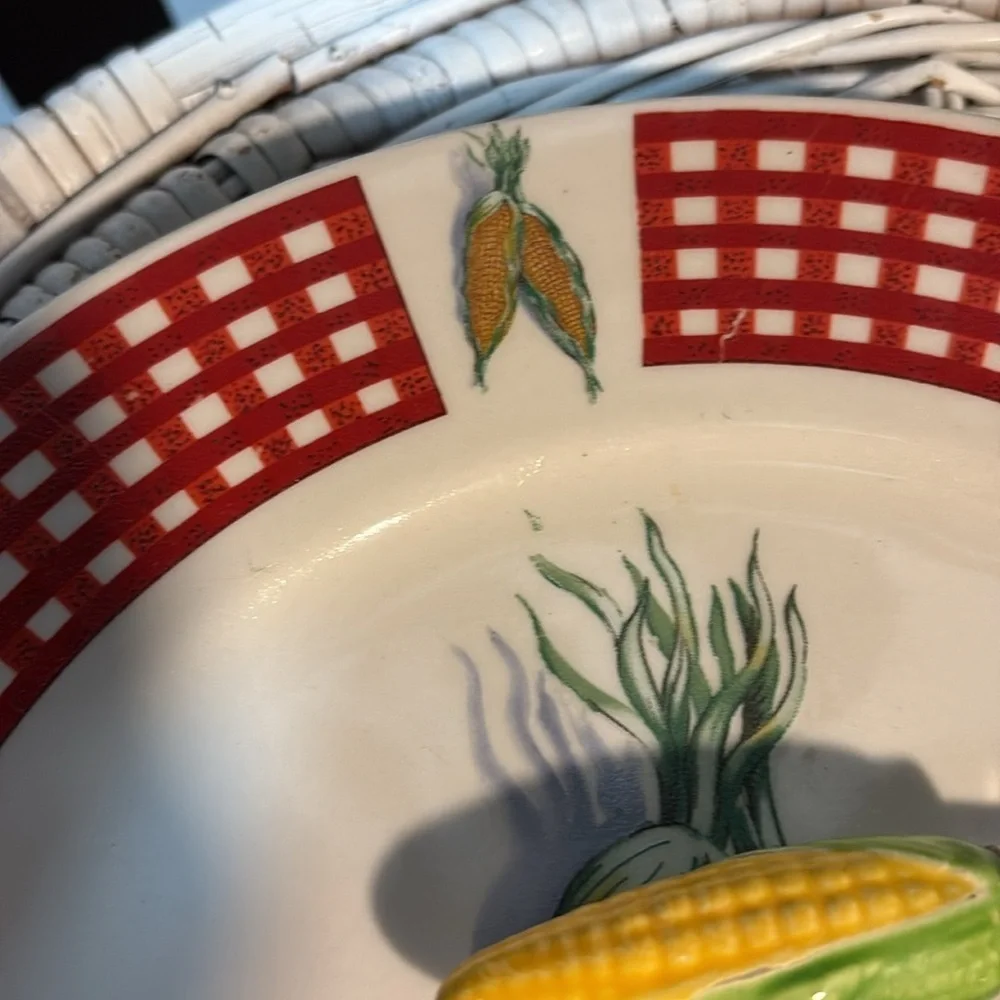 Red Gingham Corn Plate & Ceramic Corn Shaped holders / Small Forks Vintage 80s